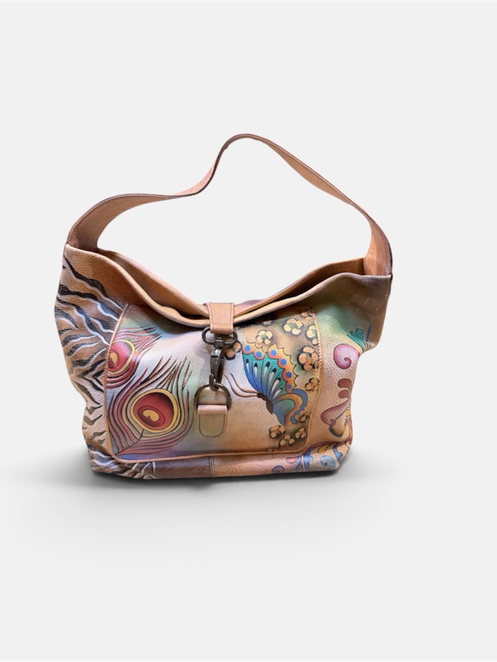 Anuschka Hand-Painted Peacock Motif Shoulder Bag - Tan with Multicolor Accents